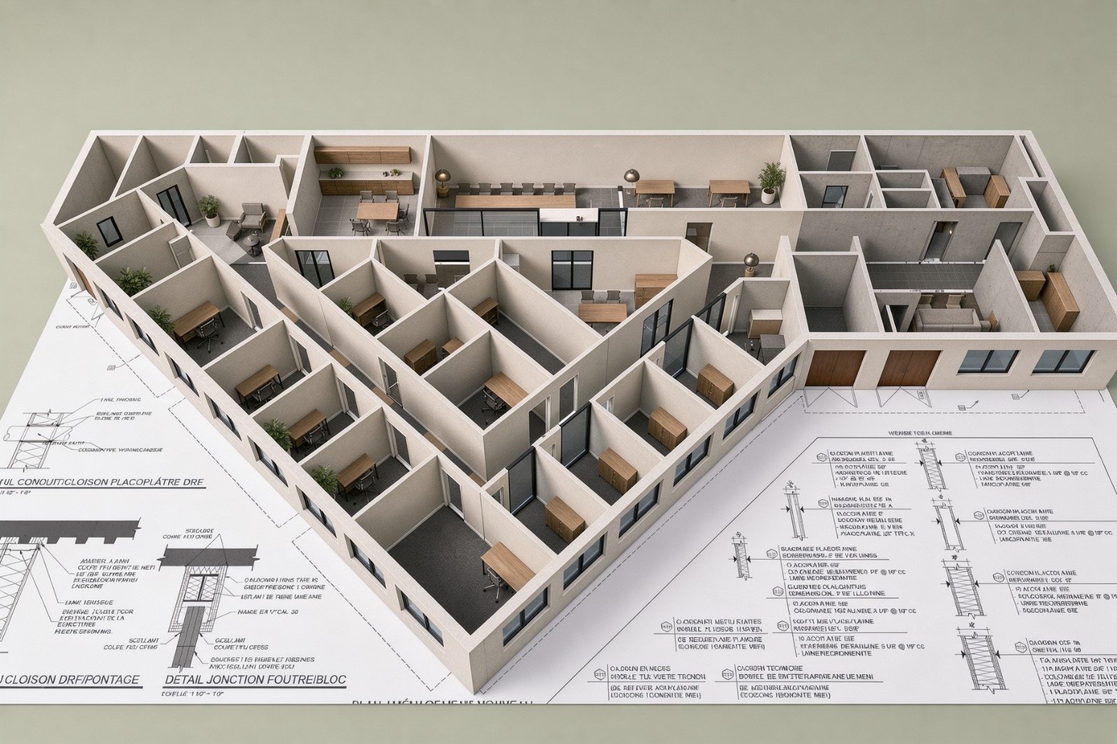 Un étage de bureaux en maquette 3D, posé sur son propre plan
