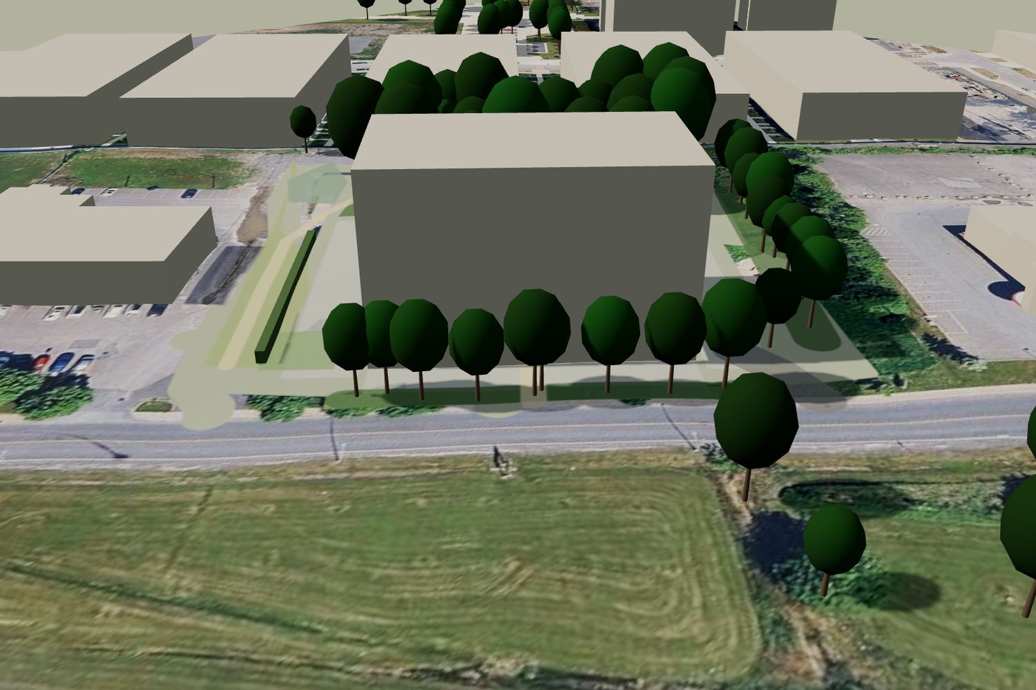 Le nouveau bâtiment posé sur l'image aérienne, l'entrepôt retiré